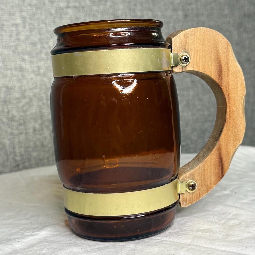 Vintage 60s Siesta Ware brown amber glass barrel‎ mug with wooden handle Western